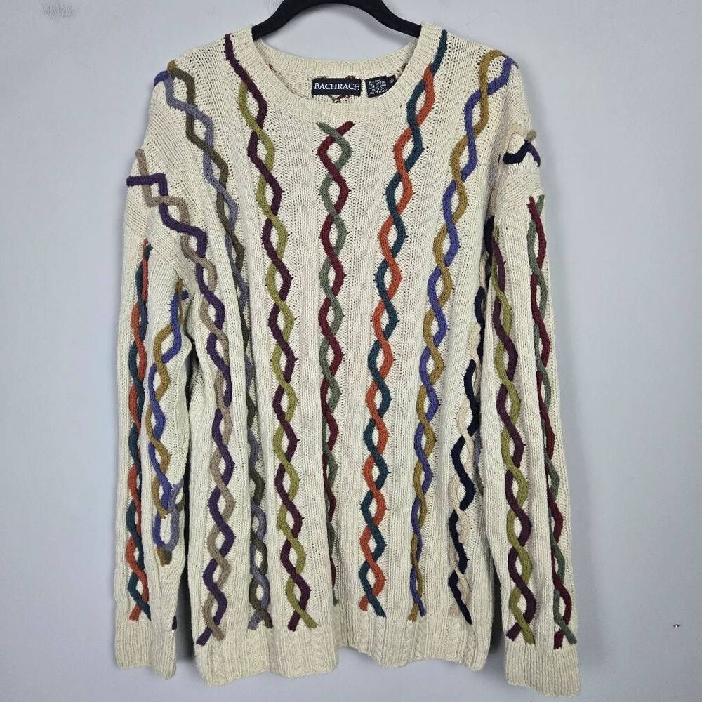 Vintage Bachrach Mens 3D Knit Silk Blend Sweater Size XL Beige Grandpacore 90s